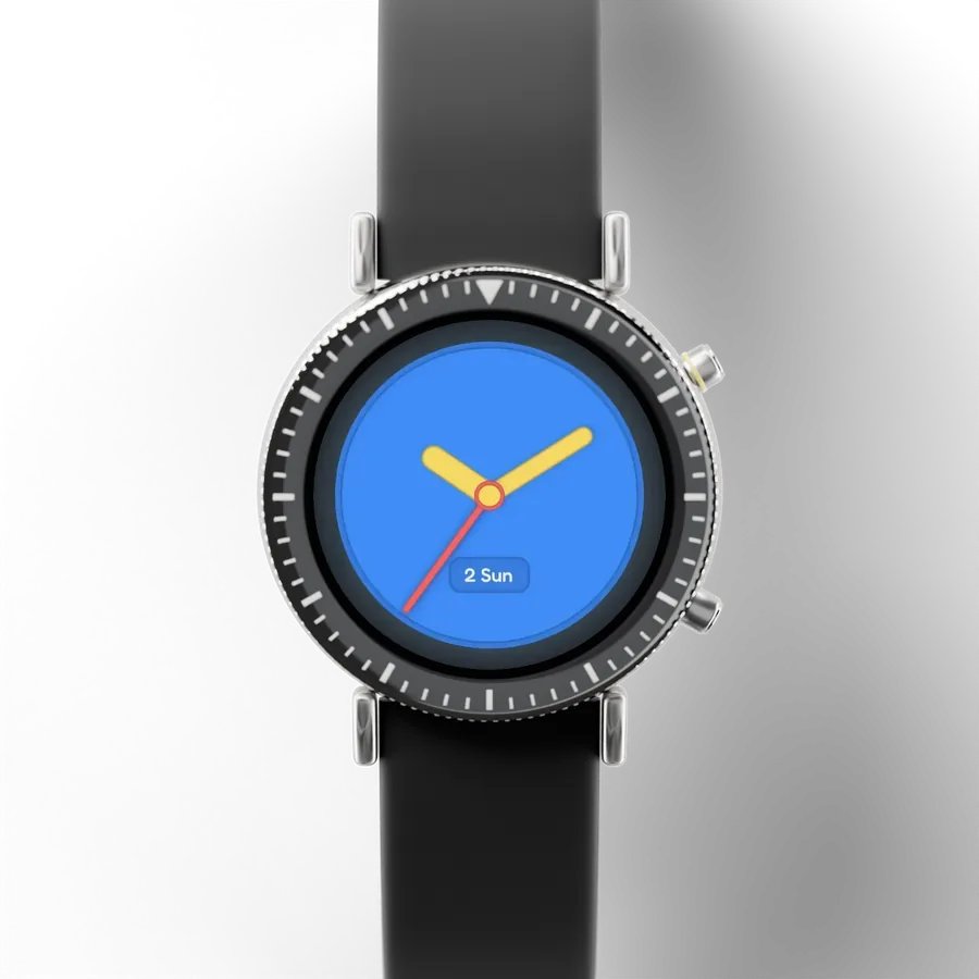 A round titanium smartwatch with a black ceramic bezel and a rubber strap, showing Triad Color, The face