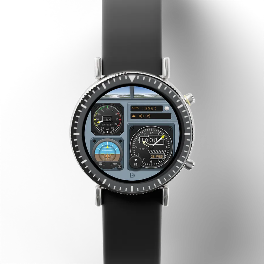 A round titanium smartwatch with a black ceramic bezel and a rubber strap, showing Console Flight, Classic