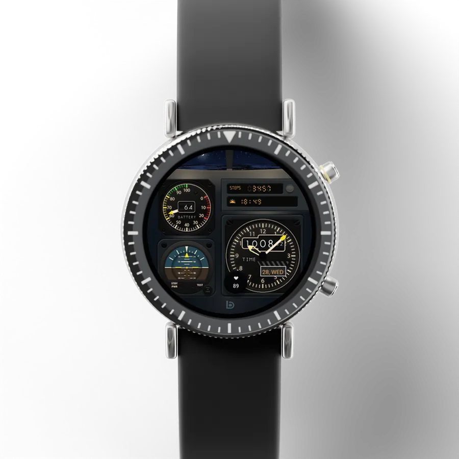 A round titanium smartwatch with a black ceramic bezel and a rubber strap, showing Console Flight, Night