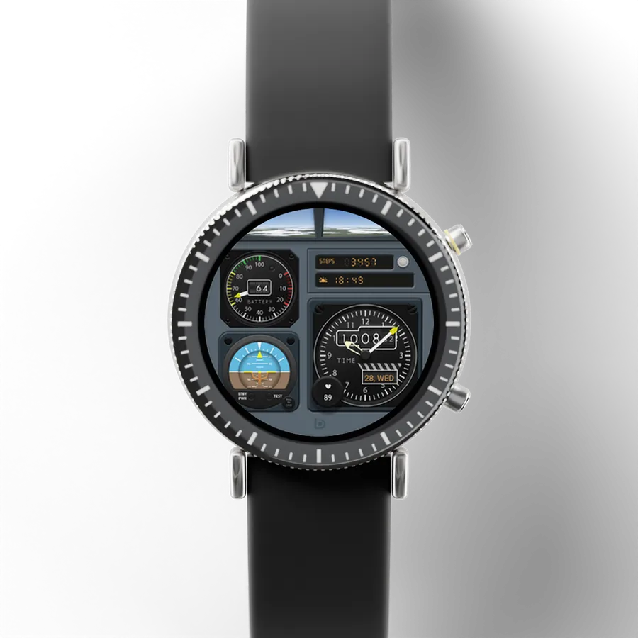 A round titanium smartwatch with a black ceramic bezel and a rubber strap, showing Console Flight, Graphite