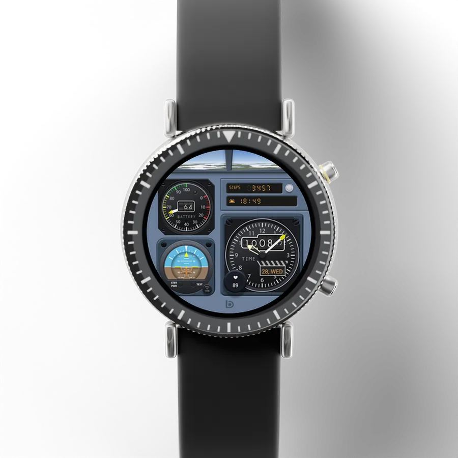 A round titanium smartwatch with a black ceramic bezel and a rubber strap, showing Console Flight, Stratus