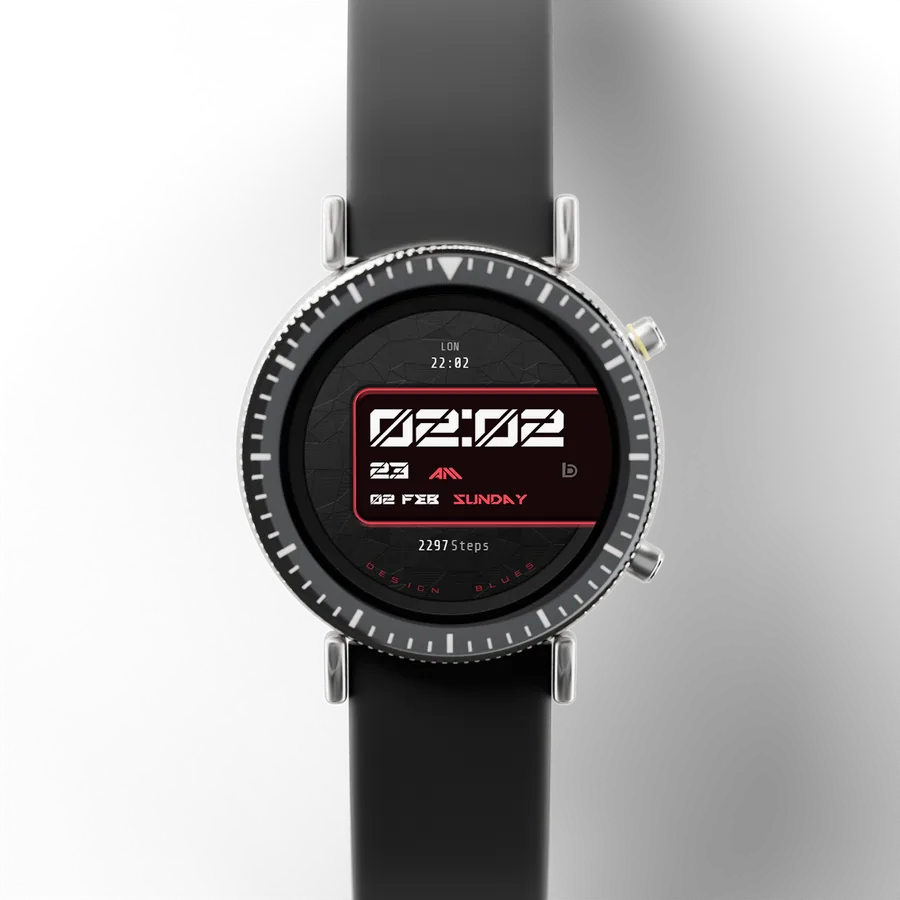 A round titanium smartwatch with a black ceramic bezel and a rubber strap, showing Neon Edge, Style 1