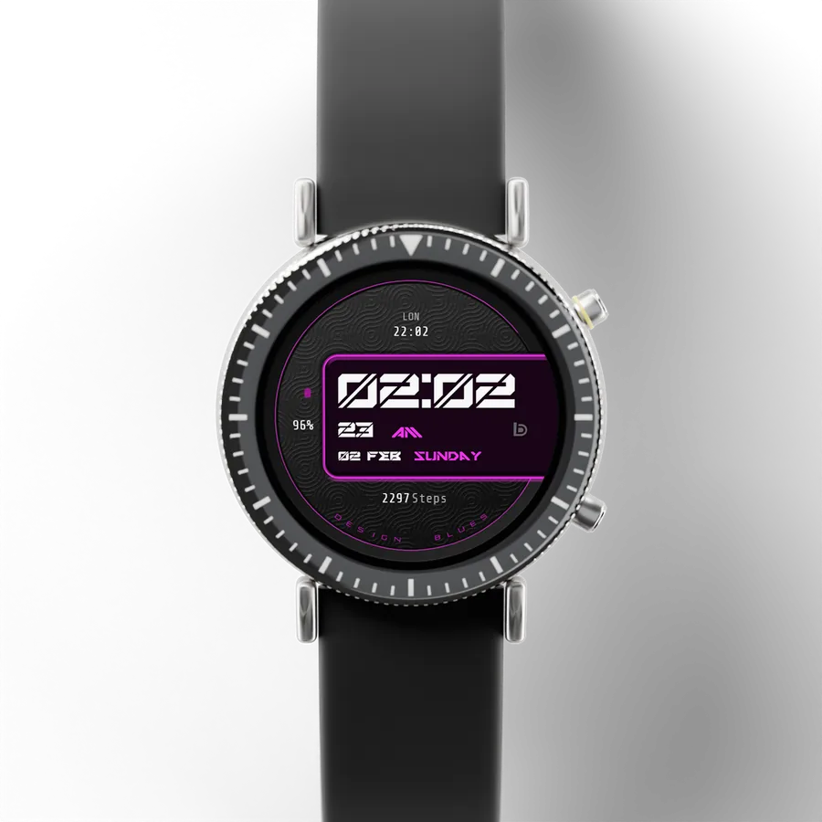 A round titanium smartwatch with a black ceramic bezel and a rubber strap, showing Neon Edge, Style 2
