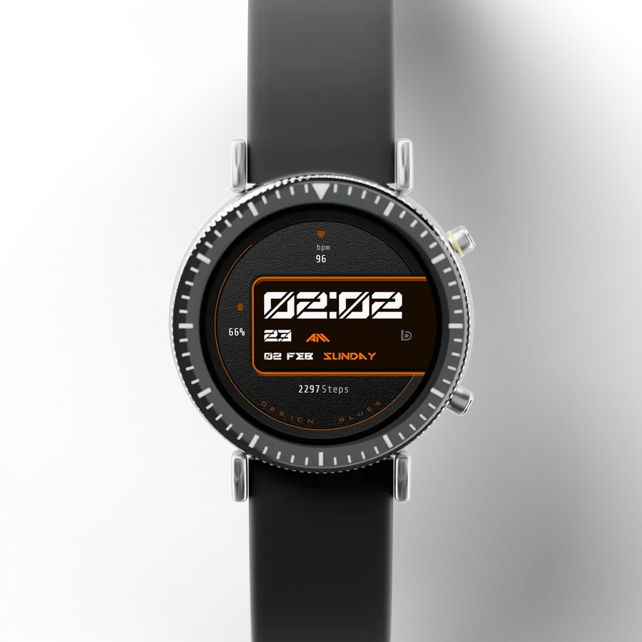 A round titanium smartwatch with a black ceramic bezel and a rubber strap, showing Neon Edge, Style 3