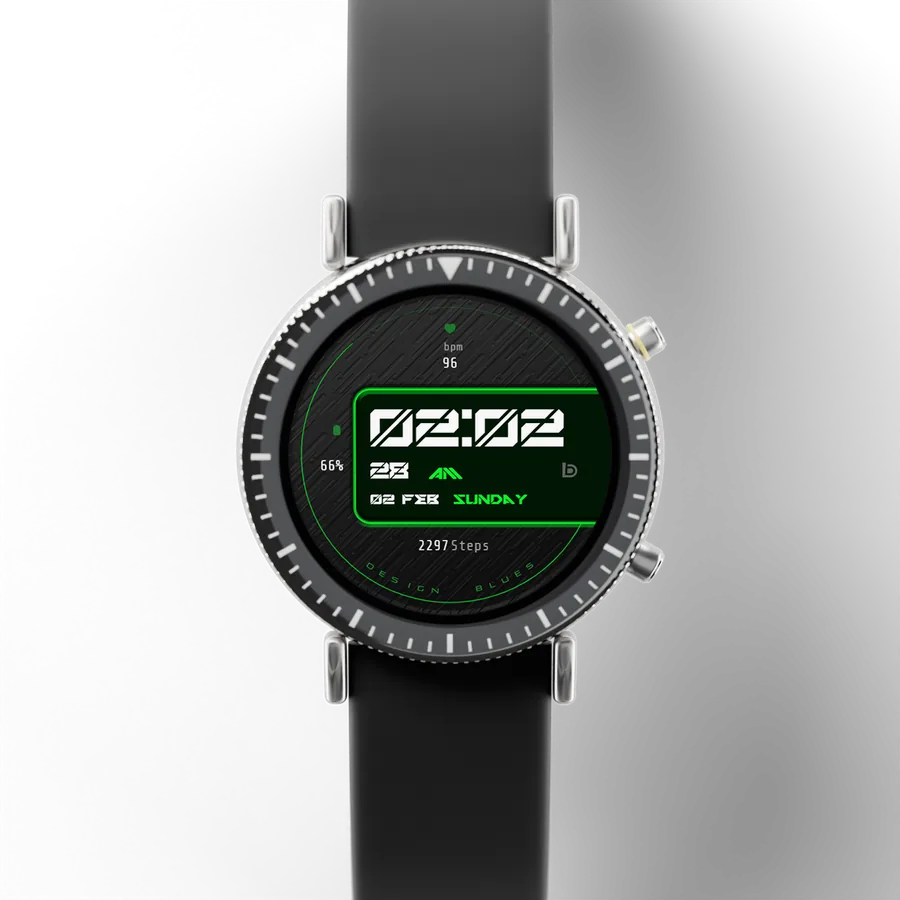 A round titanium smartwatch with a black ceramic bezel and a rubber strap, showing Neon Edge, Style 4