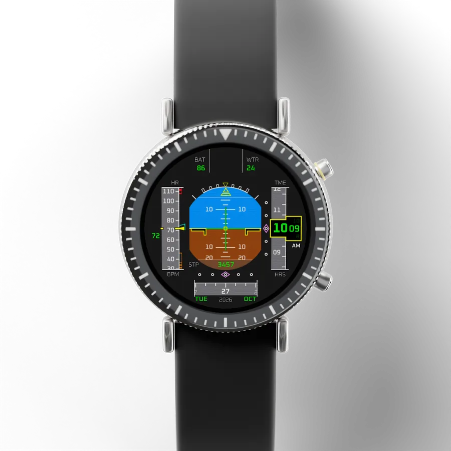 A round titanium smartwatch with a black ceramic bezel and a rubber strap, showing Flight Horizon, Classic