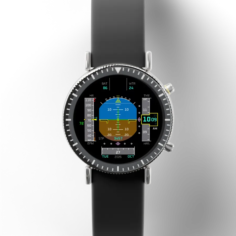 A round titanium smartwatch with a black ceramic bezel and a rubber strap, showing Flight Horizon, Night Flight