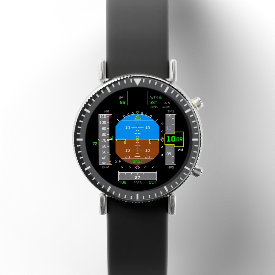 A round titanium smartwatch with a black ceramic bezel and a rubber strap, showing Flight Horizon, Glass Cockpit
