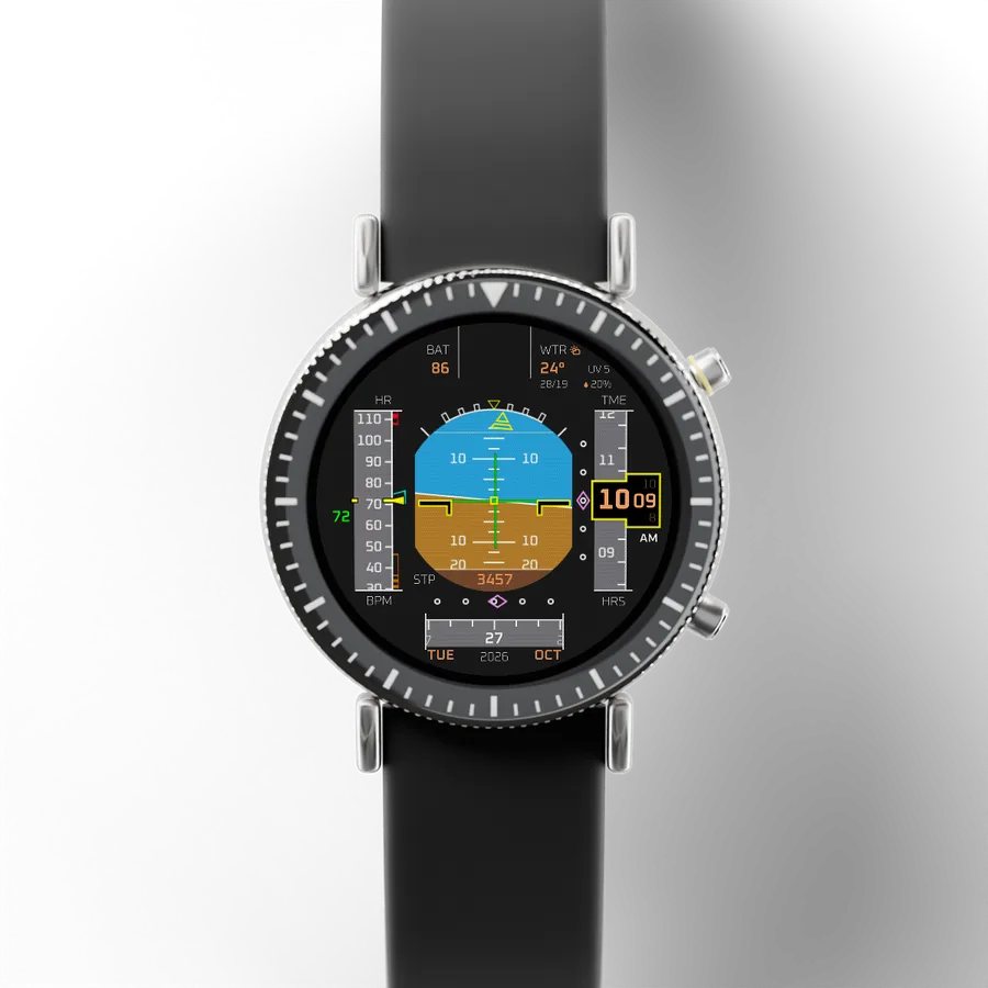 A round titanium smartwatch with a black ceramic bezel and a rubber strap, showing Flight Horizon, Dawn Patrol