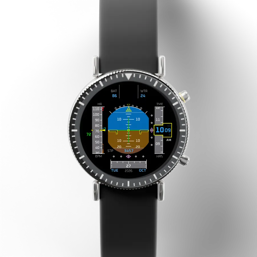 A round titanium smartwatch with a black ceramic bezel and a rubber strap, showing Flight Horizon, Stratosphere