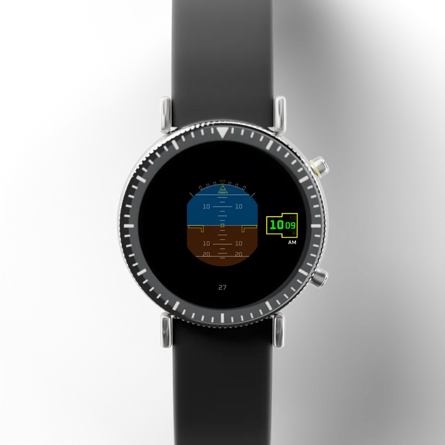 A round titanium smartwatch with a black ceramic bezel and a rubber strap, showing Flight Horizon, Always-on
