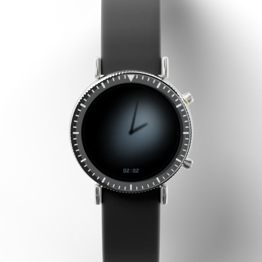 A round titanium smartwatch with a black ceramic bezel and a rubber strap, showing Minimal Shadow 01 Hybrid, Style 1