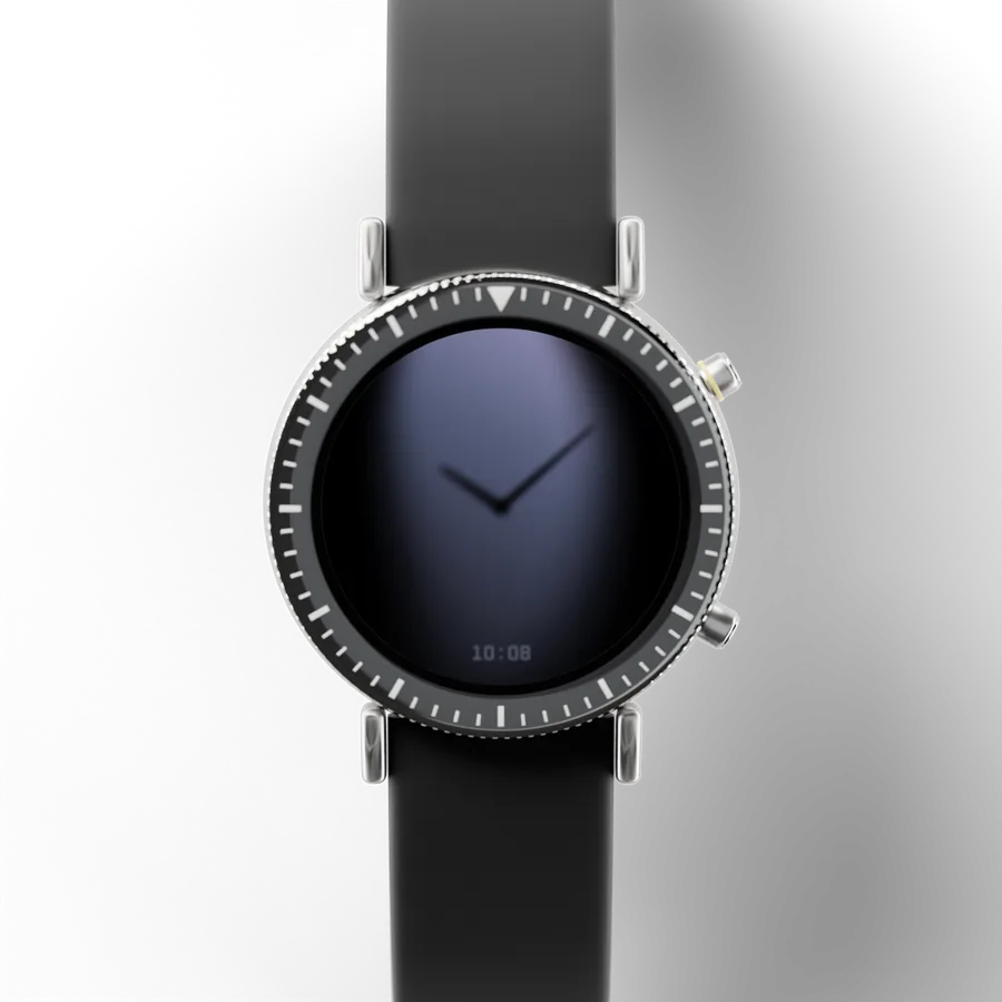 A round titanium smartwatch with a black ceramic bezel and a rubber strap, showing Minimal Shadow 01 Hybrid, Style 2