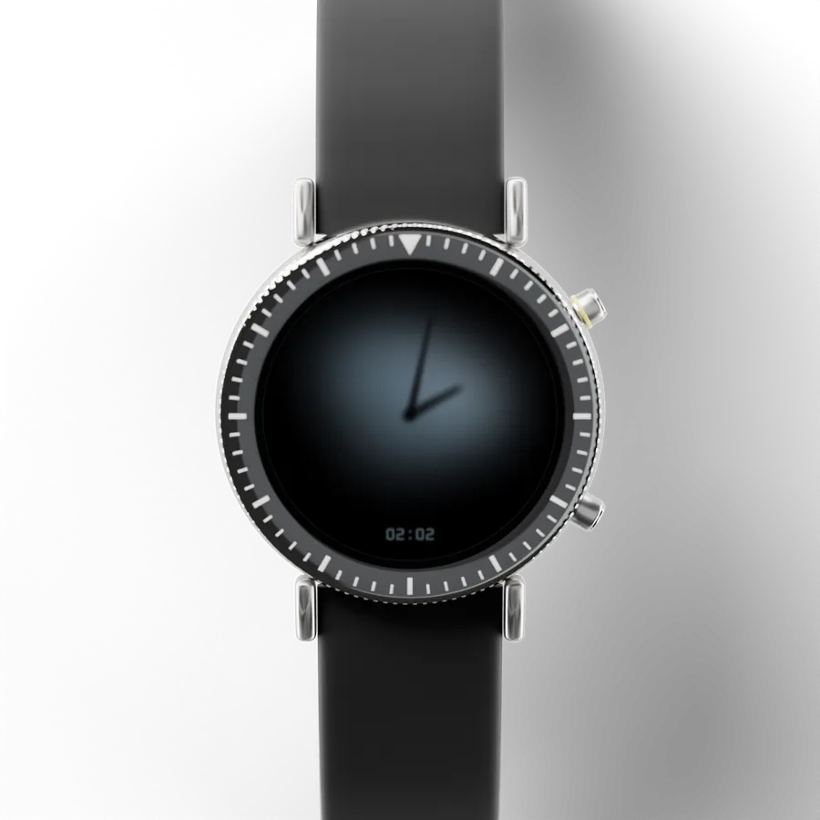 A round titanium smartwatch with a black ceramic bezel and a rubber strap, showing Minimal Shadow 01 Hybrid, Style 3