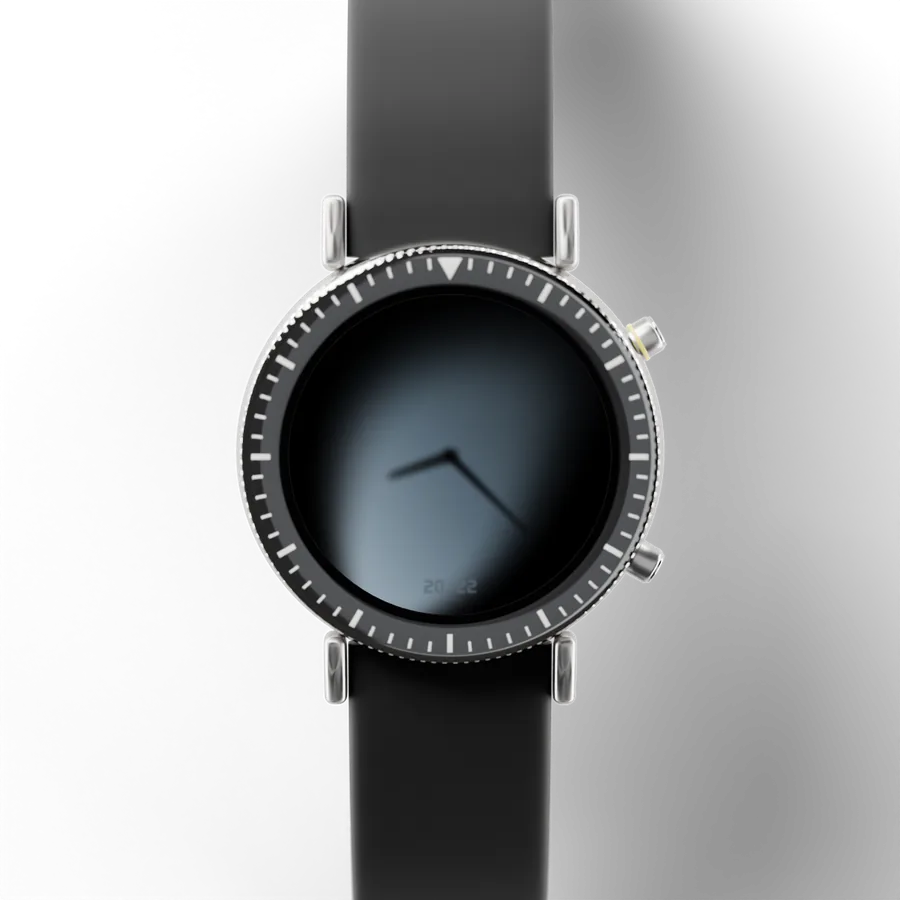 A round titanium smartwatch with a black ceramic bezel and a rubber strap, showing Minimal Shadow 01 Hybrid, Style 4