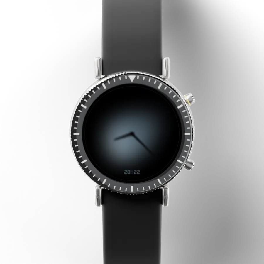 A round titanium smartwatch with a black ceramic bezel and a rubber strap, showing Minimal Shadow 01 Hybrid, Style 5