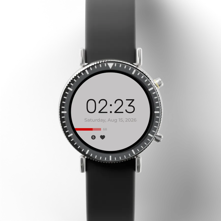 A round titanium smartwatch with a black ceramic bezel and a rubber strap, showing Minimal Focus 02, Style 1