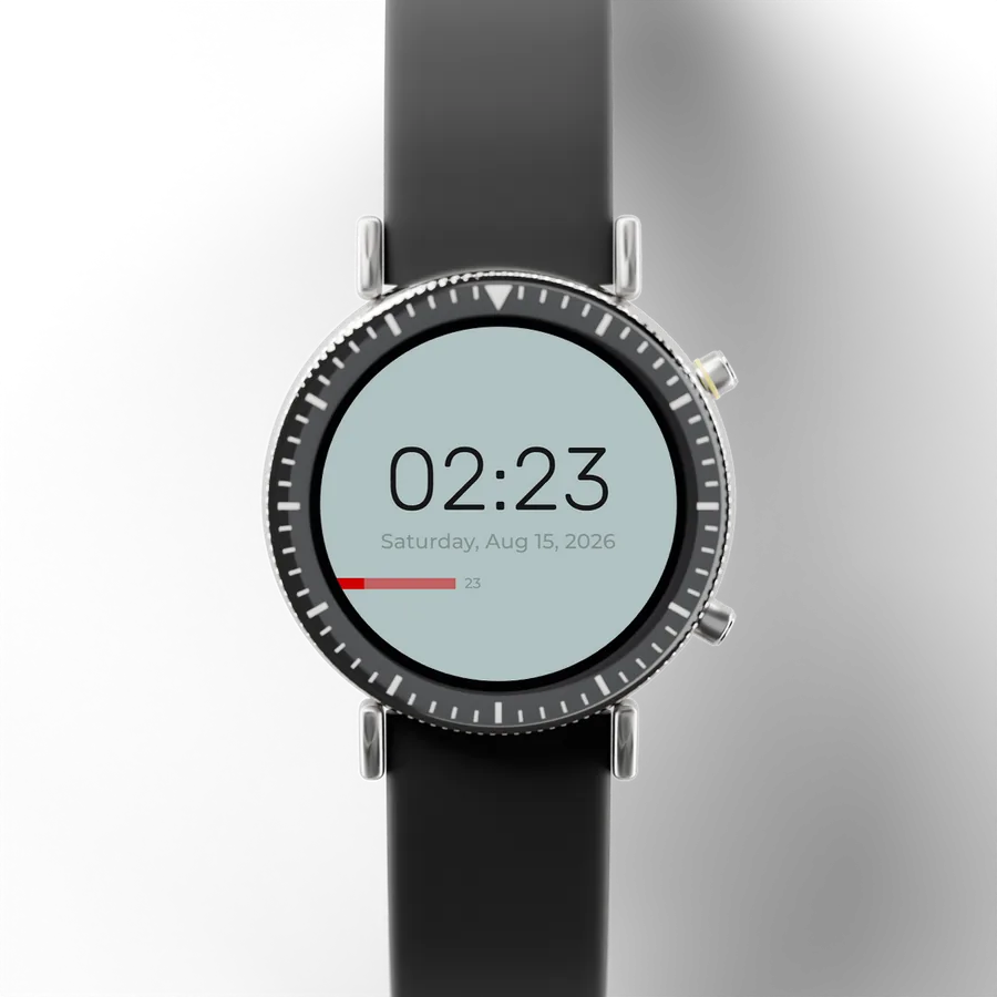 A round titanium smartwatch with a black ceramic bezel and a rubber strap, showing Minimal Focus 02, Style 2