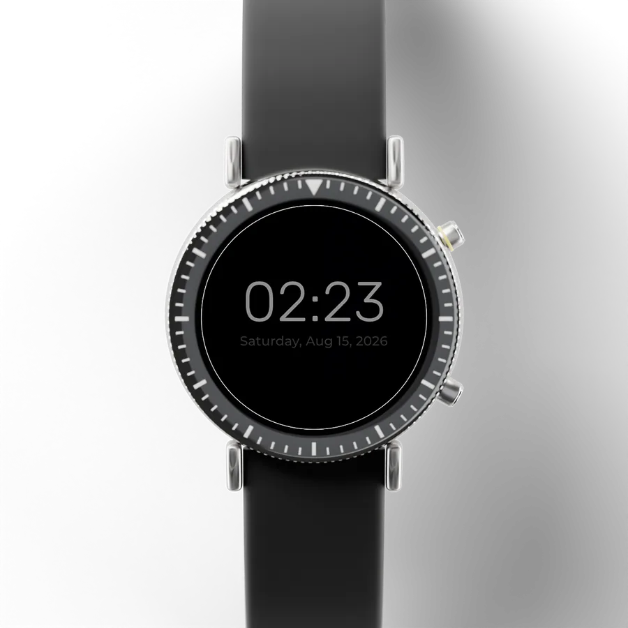 A round titanium smartwatch with a black ceramic bezel and a rubber strap, showing Minimal Focus 02, Always-on