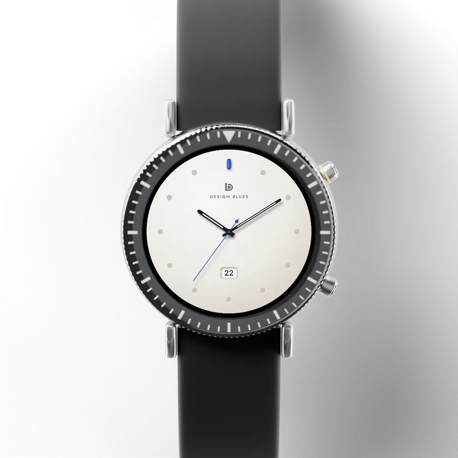 A round titanium smartwatch with a black ceramic bezel and a rubber strap, showing Minimal Ceramic 03, Classic