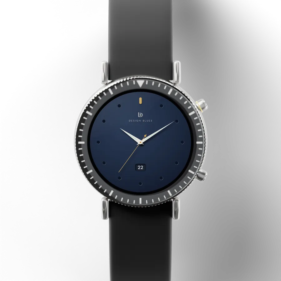 A round titanium smartwatch with a black ceramic bezel and a rubber strap, showing Minimal Ceramic 03, Midnight Brass