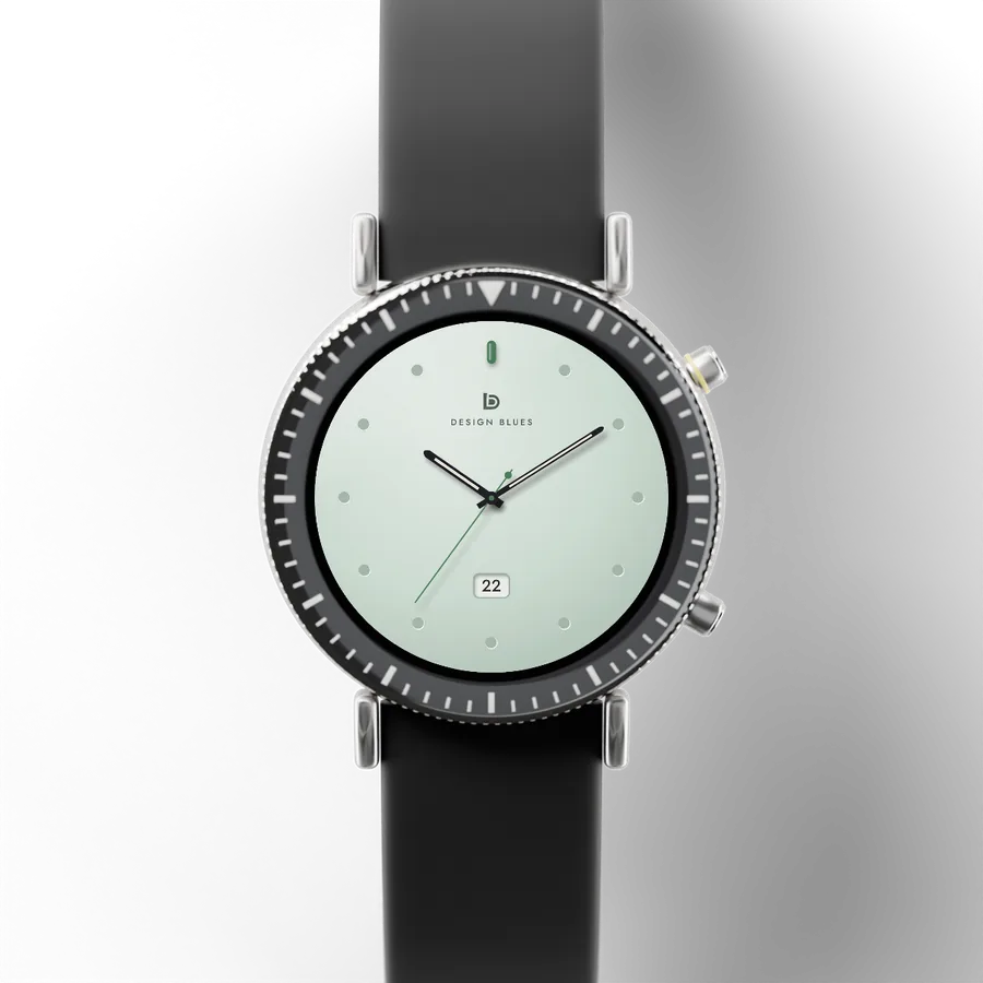 A round titanium smartwatch with a black ceramic bezel and a rubber strap, showing Minimal Ceramic 03, Celadon Sage