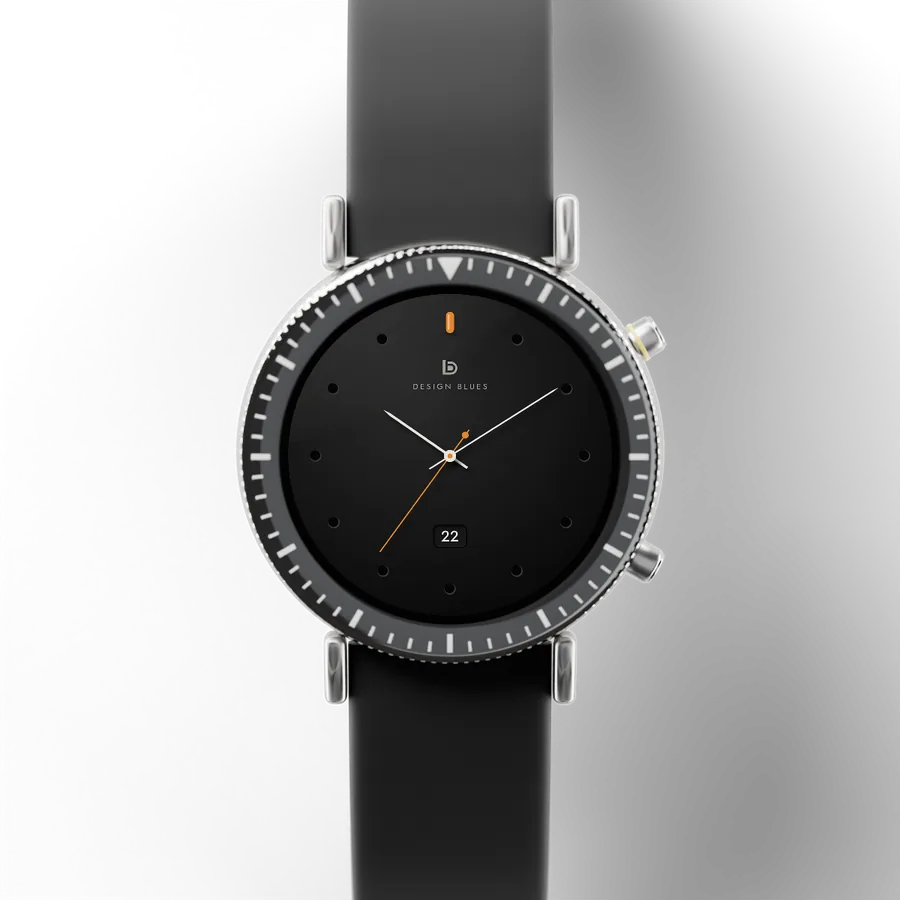 A round titanium smartwatch with a black ceramic bezel and a rubber strap, showing Minimal Ceramic 03, Onyx Amber