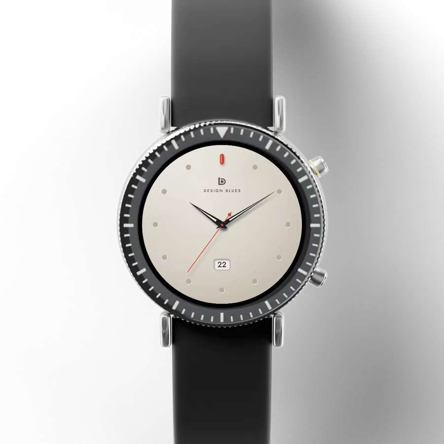 A round titanium smartwatch with a black ceramic bezel and a rubber strap, showing Minimal Ceramic 03, Stone Vermilion