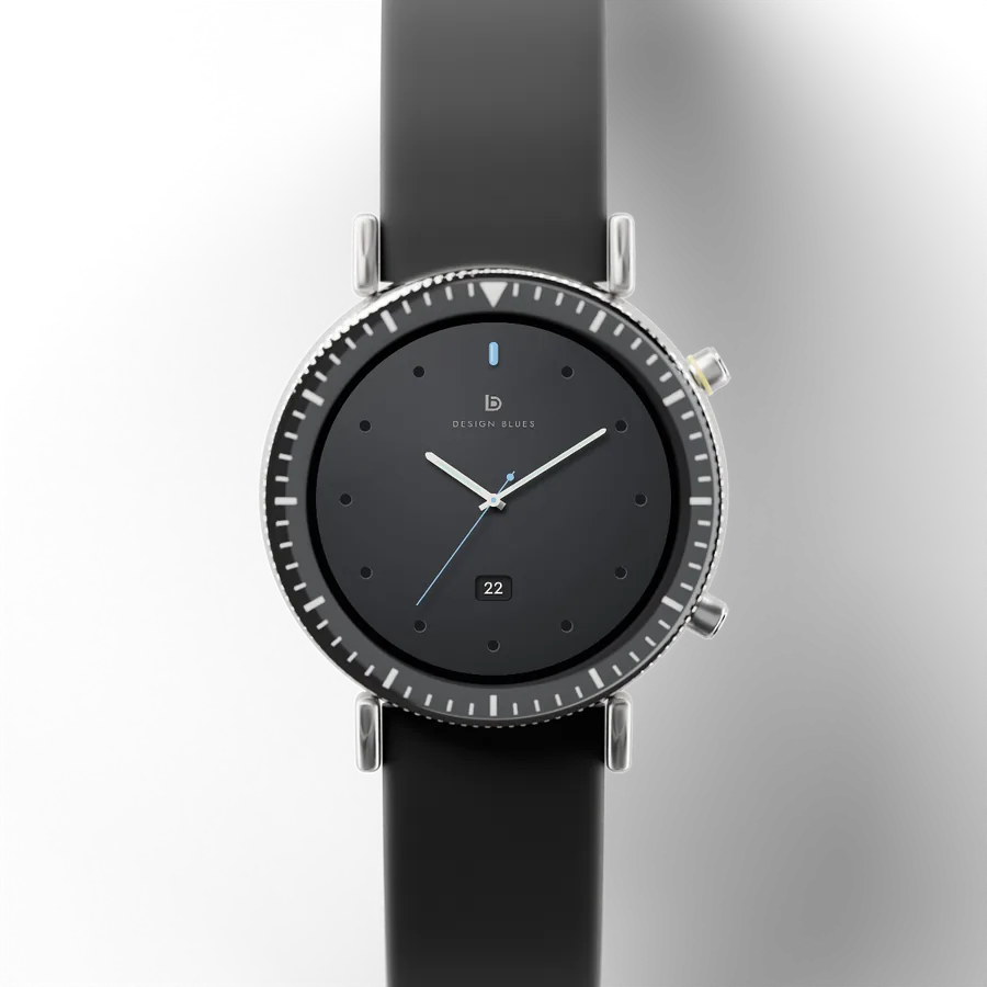 A round titanium smartwatch with a black ceramic bezel and a rubber strap, showing Minimal Ceramic 03, Graphite Ice
