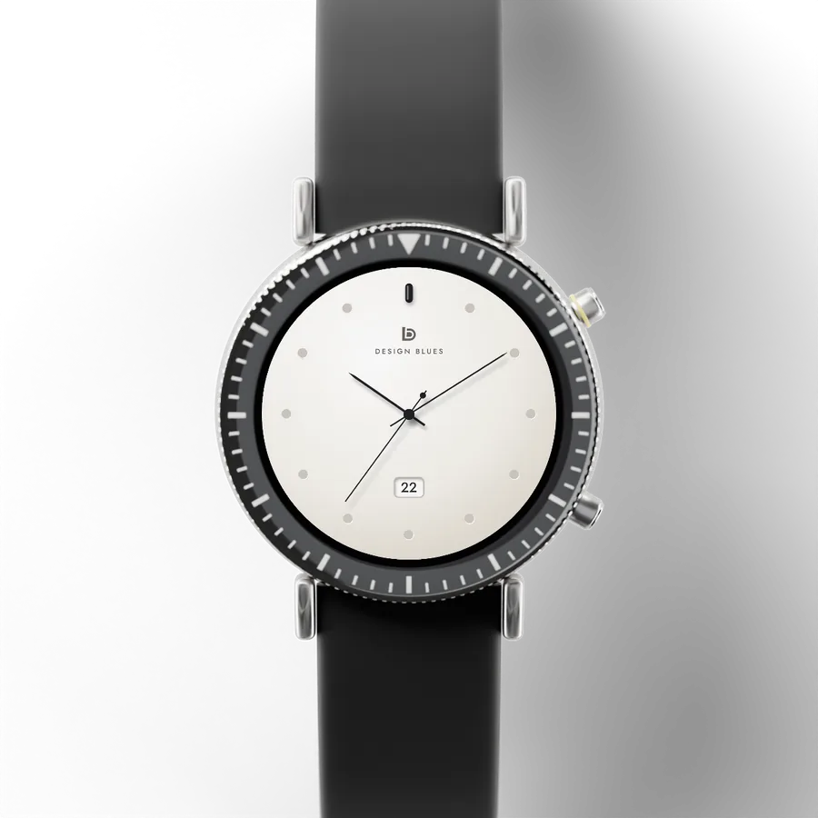 A round titanium smartwatch with a black ceramic bezel and a rubber strap, showing Minimal Ceramic 03, White Ink