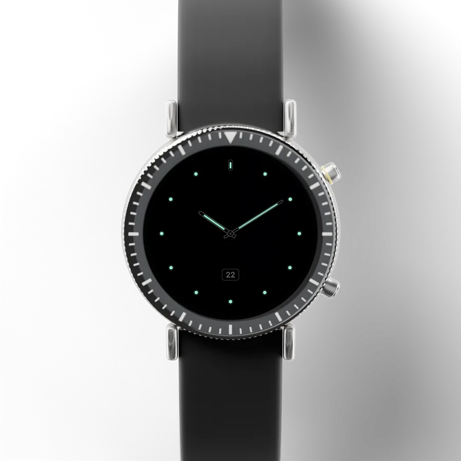A round titanium smartwatch with a black ceramic bezel and a rubber strap, showing Minimal Ceramic 03, Always-on