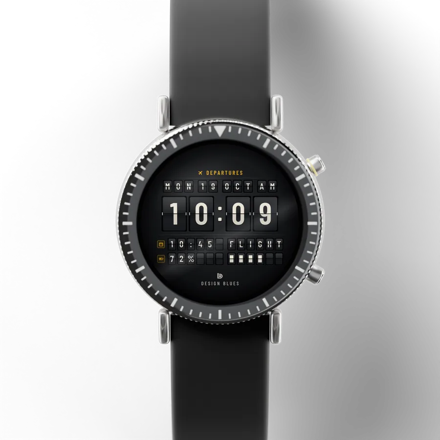A round titanium smartwatch with a black ceramic bezel and a rubber strap, showing Departures Flip, Classic
