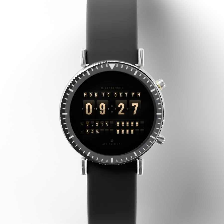 A round titanium smartwatch with a black ceramic bezel and a rubber strap, showing Departures Flip, Classic
