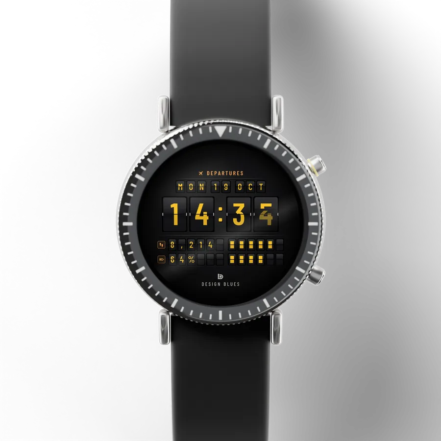 A round titanium smartwatch with a black ceramic bezel and a rubber strap, showing Departures Flip, Airport