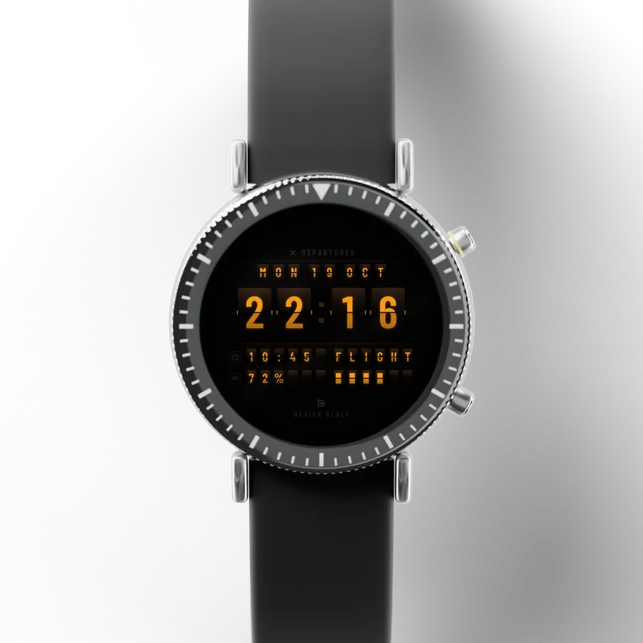 A round titanium smartwatch with a black ceramic bezel and a rubber strap, showing Departures Flip, Airport