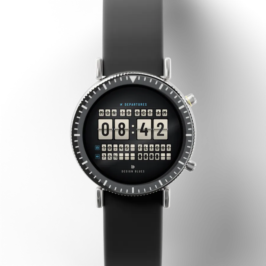 A round titanium smartwatch with a black ceramic bezel and a rubber strap, showing Departures Flip, Ivory