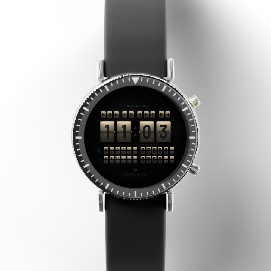A round titanium smartwatch with a black ceramic bezel and a rubber strap, showing Departures Flip, Ivory