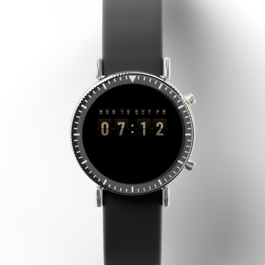 A round titanium smartwatch with a black ceramic bezel and a rubber strap, showing Departures Flip, Always-on
