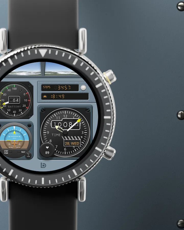 The watch up close: its titanium case, the two pushers and the bezel’s minute track, with Console Flight on the screen