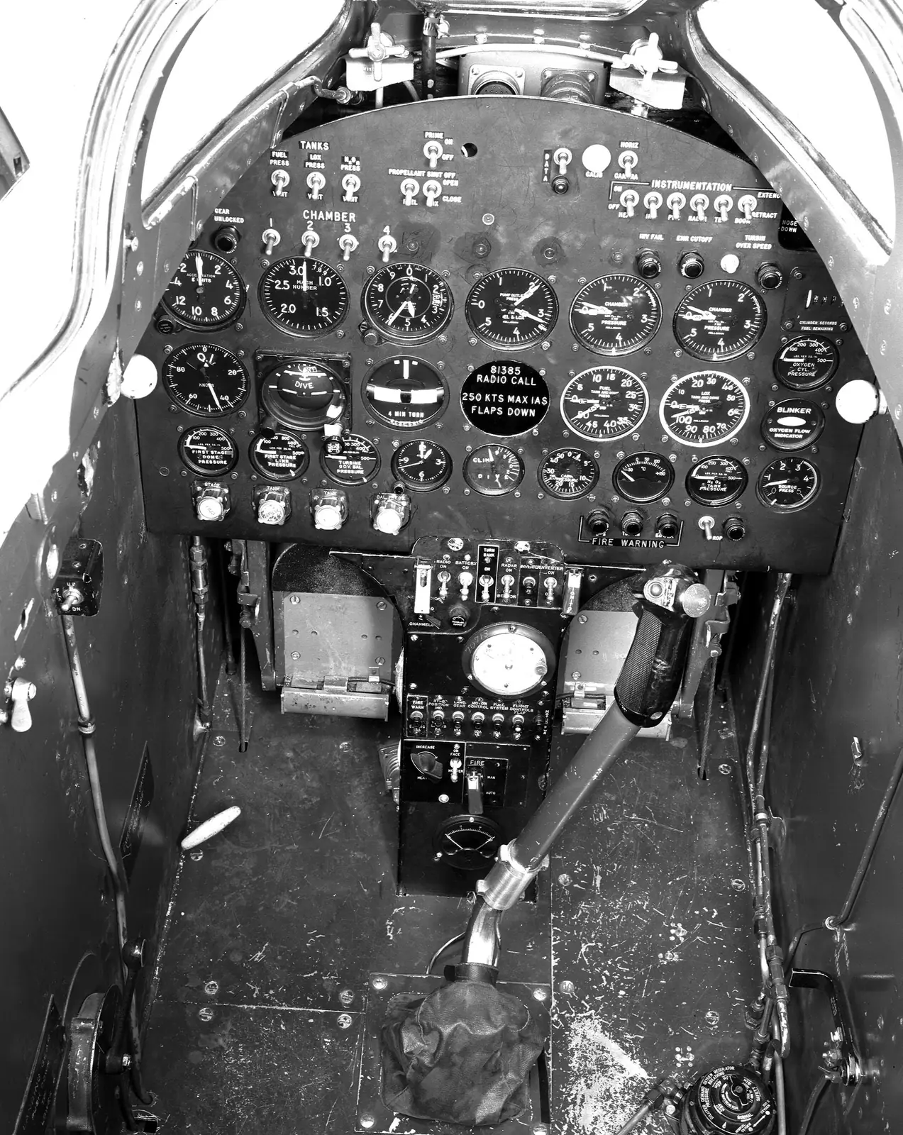 The instrument panel of the Bell X-1B research aircraft, 1956: rows of round dials in a grey cockpit